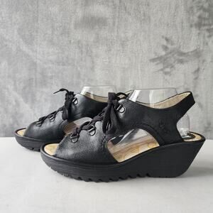Fly London Shoes Womens 11 Black Leather Yuta Lace Up Wedge Heel Peep Toe EU 42